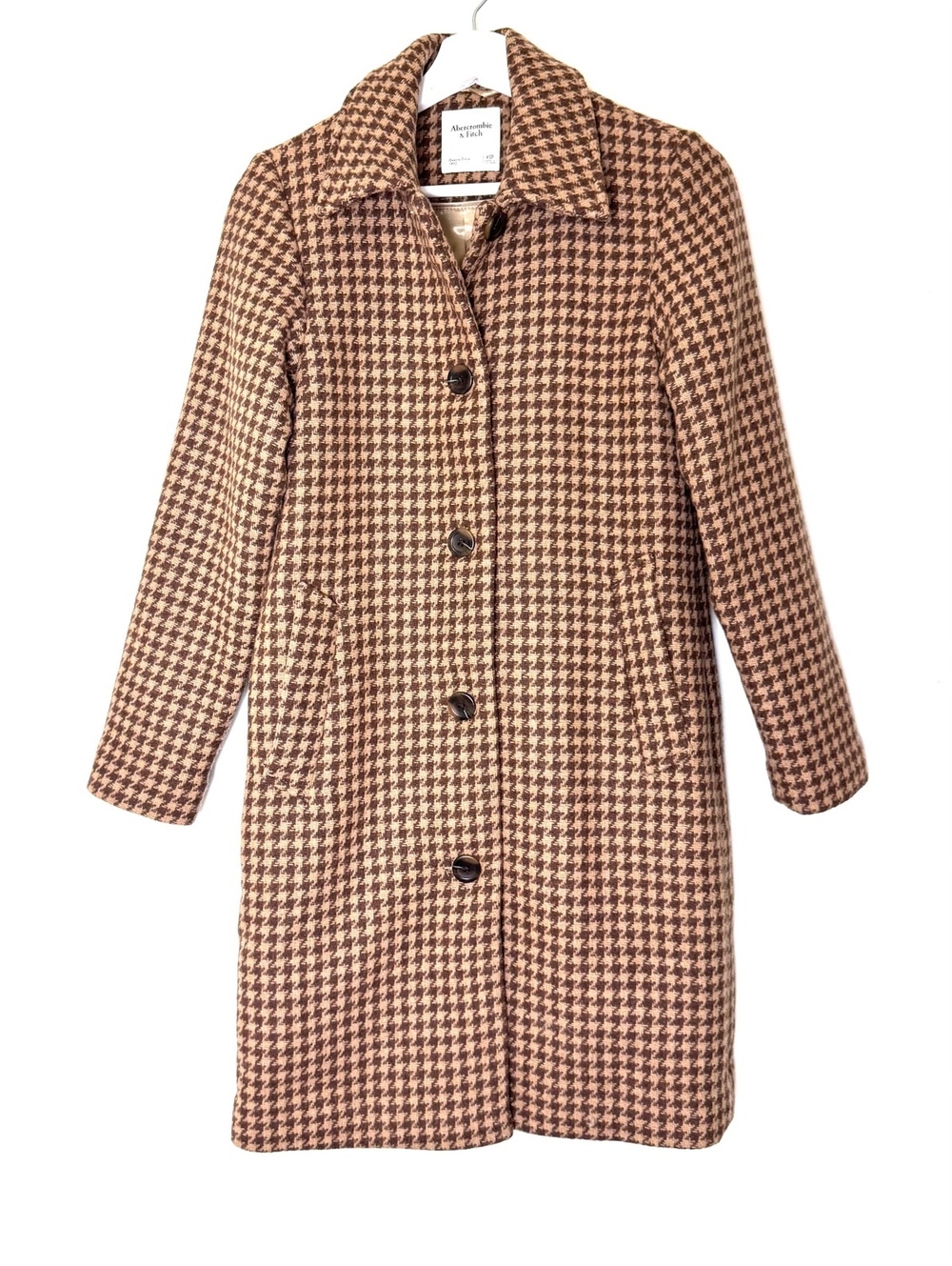 Abercrombie tan houndstooth wool coat mid length brown petite size XSP